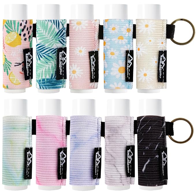 WK IEASON 10PCS Lip Balm Holder Keychain Bulk Lip Gloss Holder Key chain Lipstick Holder Lip Gloss Sleeve -Tight Elastic Holder Sleeve for Fat and Slim Lip Balms&Gloss and Lip Sticker(10pcs Floral A)
