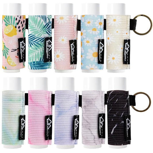 WK IEASON 10PCS Lip Balm Holder Keychain Bulk Lip Gloss Holder Key chain Lipstick Holder Lip Gloss Sleeve -Tight Elastic Holder Sleeve for Fat and Slim Lip Balms&Gloss and Lip Sticker(10pcs Floral A)