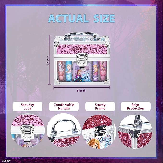 Disney Frozen Beauty Mini Train Case Set Includes Lip Gloss Tube, Lip Balm, Lip Gloss Compact for Girls,for Parties, Sleepovers by Townley Girl