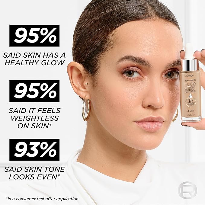 L'Oreal Paris True Match Nude Hyaluronic Tinted Serum Foundation with 1% Hyaluronic acid, Medium Deep 8.5-9.5, 1 fl. oz.