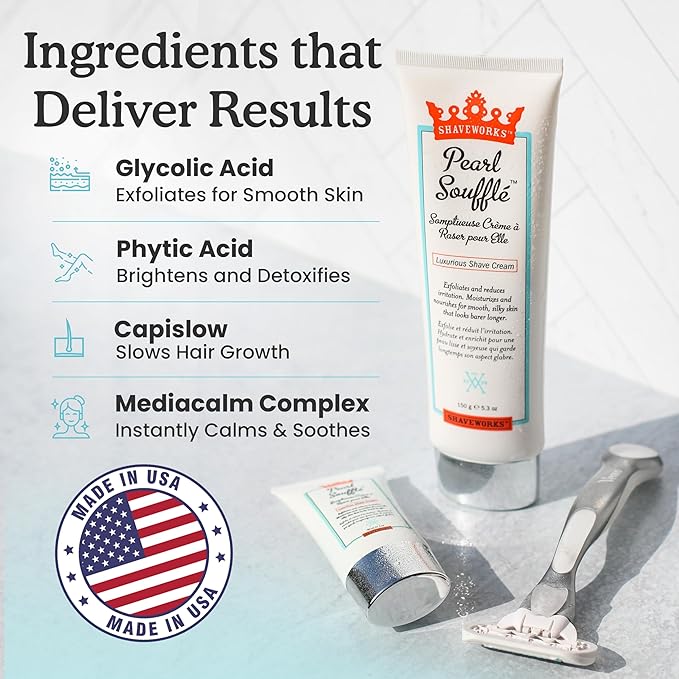Shaveworks Pearl Soufflé Shaving Cream for Women – Soothing, Hydrating Shave Lotion for Legs, Underarms, Bikini Area – Reduces Irritation, Slows Future Hair Growth 5.3 Fl Oz