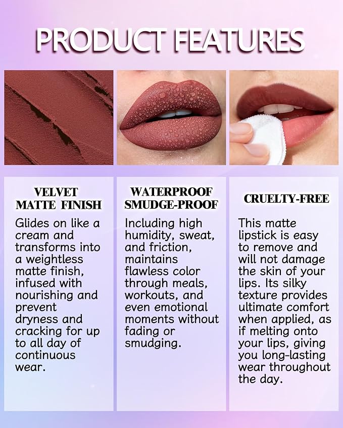 Matte Lipstick, Velvet Taupe Red Lip Stick Crayon Pencil, Waterproof Long Wear Lipstick 24 Hour High Pigmented, Smudge-proof Non-stick Hydrating Natural Lipgloss Christmas Makeup gift for Women-07