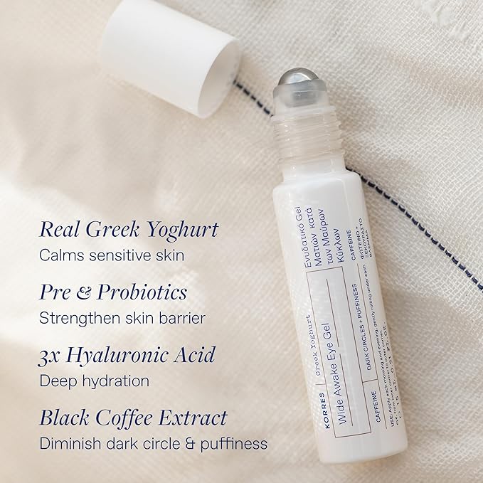 KORRES Greek Yoghurt Wide Awake Eye Gel Serum with Hyaluronic Acid & Caffeine for Dark Circles & Puffy Eyes, Roller Ball, Brightening & Hydrating, 0.51 fl oz