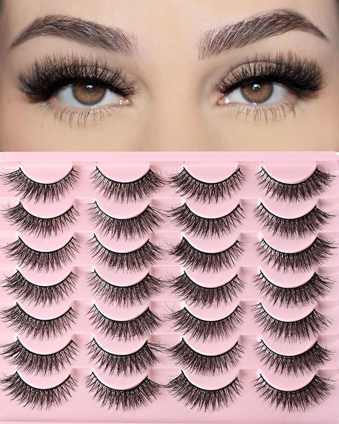 FARRED Cat Eye Lashes Short Natural Eyelashes Fluffy Wispy Lashes 14 Pairs False Lash Wispy Volume Fake Eyelash Faux Mink Strip Lashes Pack for Daily Makeup (F13 | 7-14 mm)