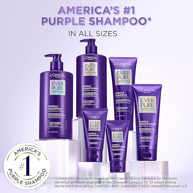 L’Oreal Paris EverPure Sulfate Free Brass Toning Purple Shampoo and Conditioner Set for Blonde, Bleached, Silver, or Brown Highlighted Hair, 1 Kit (Pack of 3)