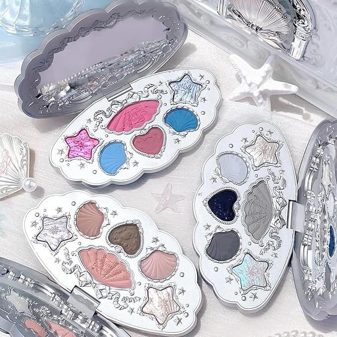Flower Knows Shell's Jewel 6-Color Makeup Palette,Smoke Greys Eyeshadow with 4 Matte + 2 Shimmer Shades,Blendable Smooth Cute Eye Makeup,0.23 Oz(03 Deep Sea)