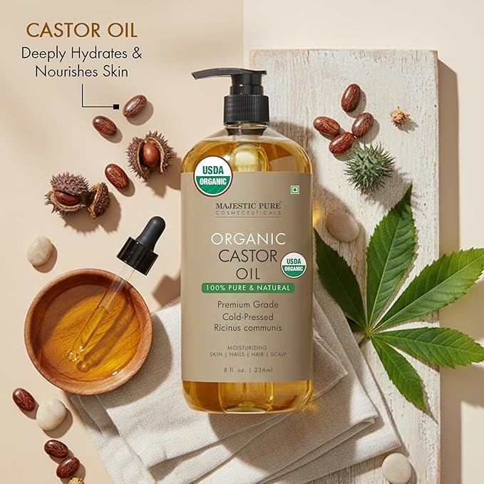 Majestic Pure Organic Castor Oil 8 Fl Oz - 100% Pure and Natural - Premium Grade Carrier Oil - Hair, Eyelashes and Eyebrows - Hair Oil and Body Oil - Cold Pressed - Hexane Free
