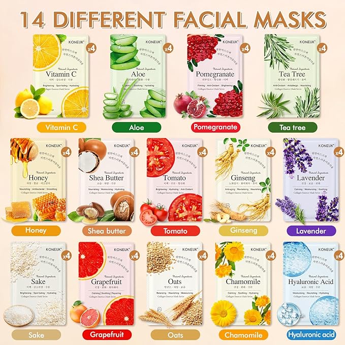 KONEUK 56 Pack Sheet Face Masks Skincare for Women, Hydrating Face Masks Suitable for Sensitive Skin, Bulk Facial Mask Gifts Set for Skin Care, Home Skincare Spa for All Skin Types