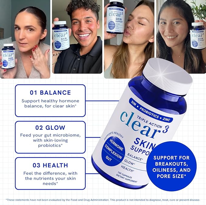 Clear Skin Supplement with Zinc, DIM & Probiotics | 3-in-1 Balance, Glow & Health Skin Support | Triple Action Hyaluronic Acid, Niaciminide & Vitamins for Hormone, Complexion & Gut Support | 120 Ct