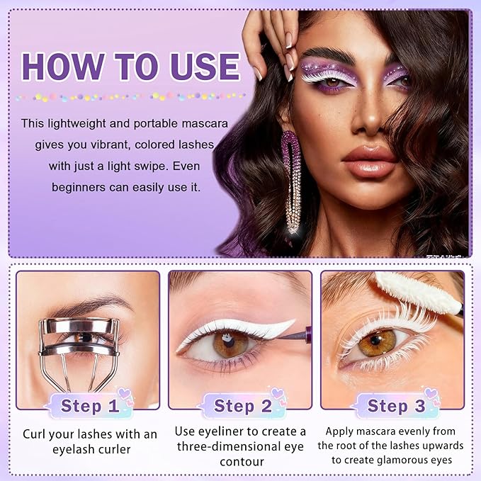 White Mascara and Eyeliner Set 5D Coloured Mascara for Eyelashed, Volumizing Curling Defining Eye Lashes, Long-Lasting Waterproof White Makeup