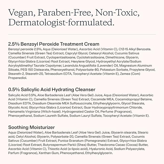 MDacne 3 Step Face Acne Treatment Kit, Benzoyl Peroxide Cream 2.5%, Salicylic Acid Cleanser, Niacinamide Moisturizer – Medicated Plant-Based Skincare for Adult & Teen Acne, 60 Day Kit