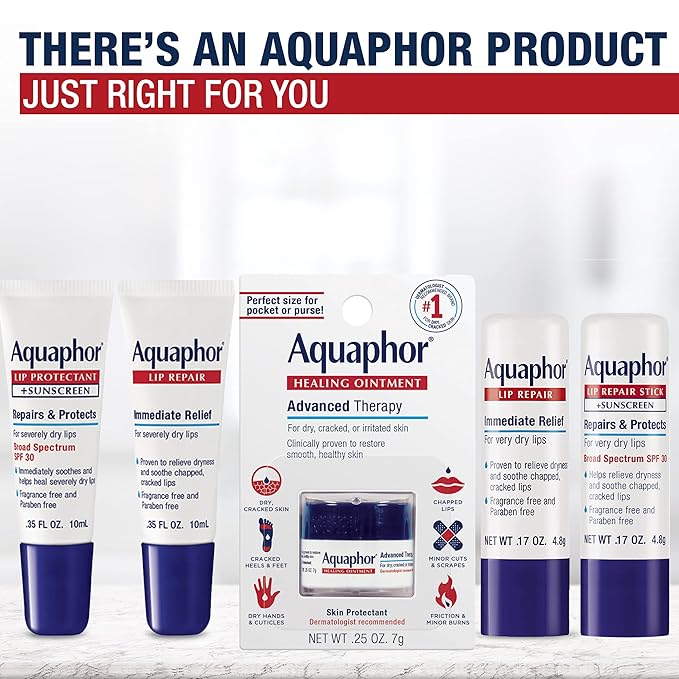 Aquaphor Lip Repair Stick with Jojoba Oil and Shea Butter, Moisturizing Lip Balms, Fragrance Free and Paraben Free, Immediately Relieves Dryness, 0.17 Oz Stick, Pack of 4