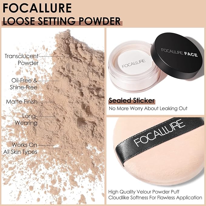 FOCALLURE Oil Control Loose Face Powder, Translucent Loose Setting Powder, Shine-Free Matte Finishing Powder, Long-lasting & Lightweight Sets Foundation Makeup, Includes Velour Powder Puff, Porcelain
