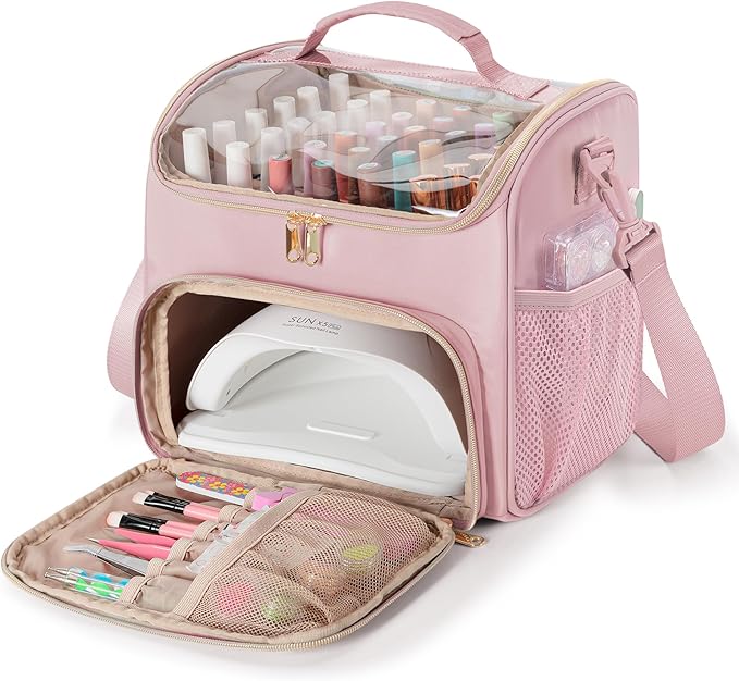 Nail Polish Organizer Bag Holds 42 Bottles(15ml/0.5 fl.oz), Double Layer Nail Storage Case for Gel Polish and Manicure Tools, Travel Nail Bag, Pink