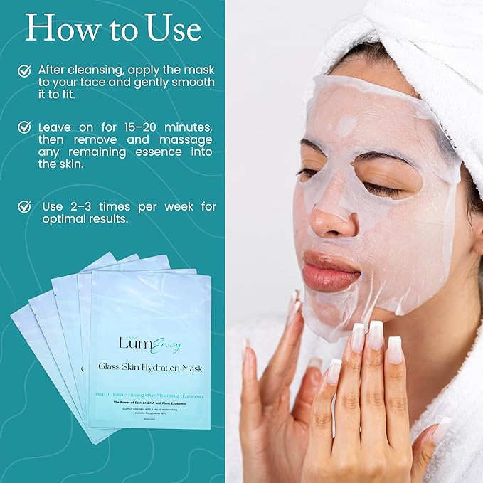 LúmEnvy Glass Skin Hydration Mask | Salmon DNA (PDRN) & Centella Collagen Face Mask - Deep Hydration, Pore Refining, Brightening & Firming Bio-Cellulose Facial Sheet for Radiant Glow