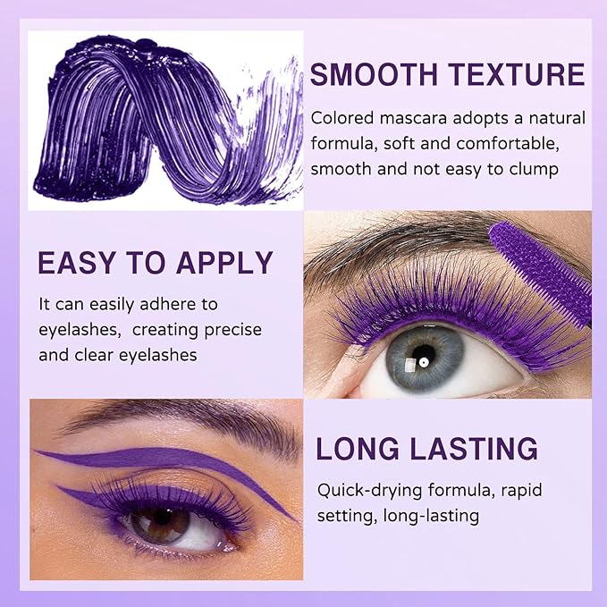 Purple Mascara and Eyeliner Set, 5D Colored Volume and Length Waterproof, Purple Mascara for Eyelashes, Natural Lengthening Curling, Suitable for All Skin Types