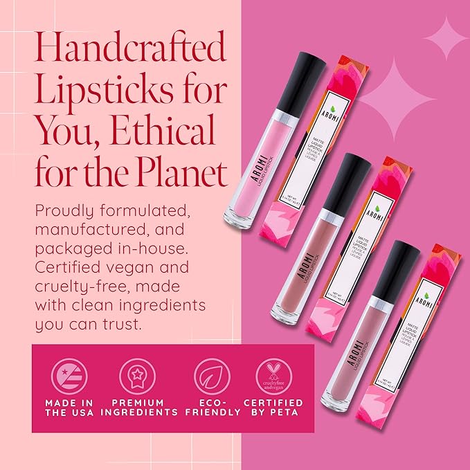 Aromi Baby Pink Matte Liquid Lipstick - Light Pink Lip Color for Women, Long-lasting, Velvety Finish, Waterproof, Vegan, Handmade (Baby Pink)