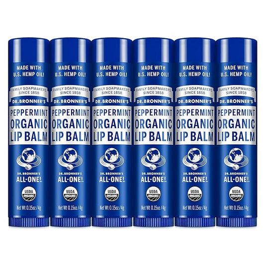 Dr. Bronner's - Organic Lip Balm (Peppermint, 0.15 ounce, 6-Pack) - Made with Organic Beeswax and Avocado Oil, For Dry Lips, Hands, Chin or Cheeks, Jojoba Oil for Added Moisture, Cooling and Hydrating
