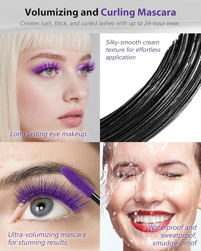 Purple Waterproof Colored Mascara&Eyeliner,5D Fiber Mascara for Eyelashes Volume and Length,Smudgeproof Color Waterline Gel Eye Liner Pen Lengthening Curling Máscara Women Party Stage Use Makeup Gift