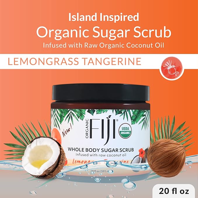 Organic Fiji Whole Body Scrub - Infused with Coconut Oil, Exfoliating Sugar Scrub for Smooth and Soft Skin, Exfoliates & Restores Skin's Natural Biosphere, Lemongrass Tangerine 20 oz