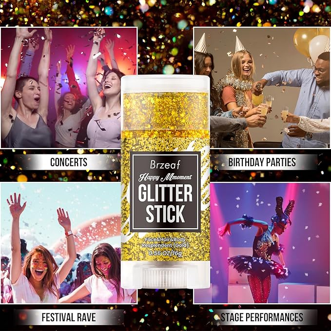 Brzeaf Waterproof Gold Glitter Stick,Christmas Face Glitter Makeup, Shimmery & Long Lasting, Chunky Glitter for Face/Body/Hair/Eyes/Lip, Singer Concert Music Rave Festival