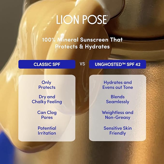 Lion Pose UNGHOSTED Sheer Tinted Mineral SPF 42 with Moisture-Boosting Squalane, Sunscreen for Face and Body, Mineral Sunscreen Lotion, UVA/UVB protection, 1.7 fl oz