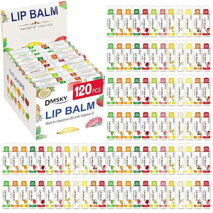 DMSKY 120 Pack Lip Balm, Natural Lip Balm Bulk with Vitamin E and Coconut Oil, Moisturizing Lip Balms for Chapped Lips-12 Flavors