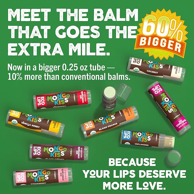 Eco Lips Mongo Kiss Organic Lip Balm 4 Pack Peppermint, Pomegranate, Vanilla Honey, Black Cherry - 100 Percent USDA Organic - Soothe, Moisturize Dry, Cracked and Chapped Lips - Made in USA