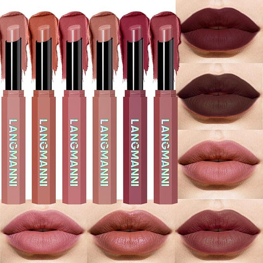 Jolilab 6Pcs Velvet Matte Lipstick Nude Matte Soft Dark Color Stick High Pigmented Long-Lasting Waterproof Lip Stick Lip Balm Beauty Cosmetics Gift for Women(Curated Set B)