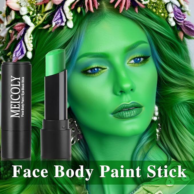 MEICOLY Lime Green Face Body Paint Stick,Christmas Stocking Stuffers,Green Face Paint for Halloween SFX Witch Hulk Elphaba Makeup,Hunting Camo Face Paint,Eye Black Stick for Baseball Softball Football