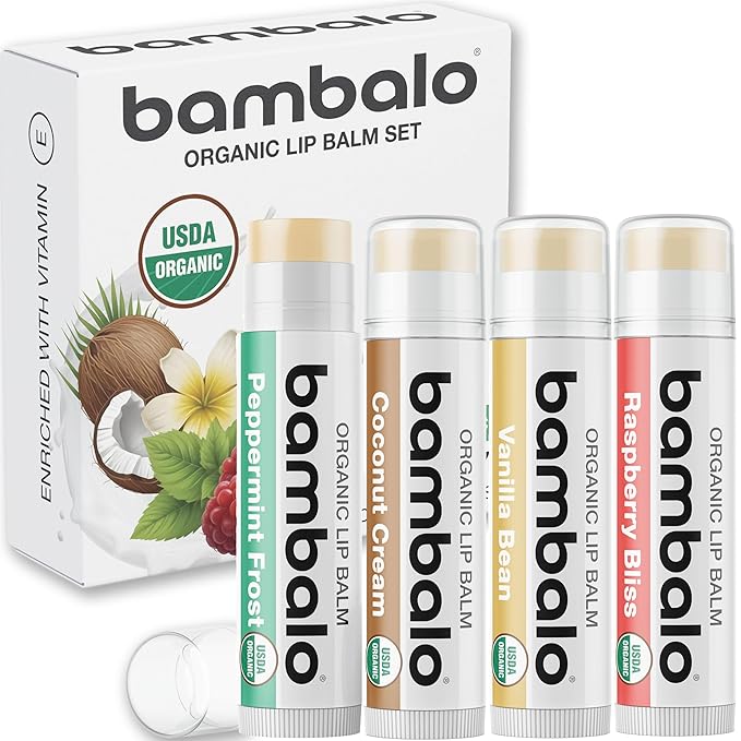 8-Pack Lip Balm Set with Tinted Shades and USDA Organic Flavors for Hydration – Includes Crimson, Pink, Plum, Shimmer, Peppermint, Raspberry, Vanilla, and Coconut – Moisturizing & Nourishing
