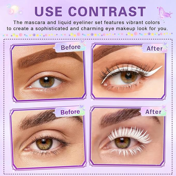 White Mascara and Eyeliner Set 5D Coloured Mascara for Eyelashed, Volumizing Curling Defining Eye Lashes, Long-Lasting Waterproof White Makeup