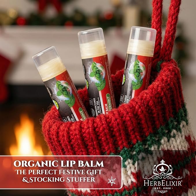 Organic Peppermint Lip Balm 3 Pack | Candy Cane Stocking Stuffer | Repairing, Nourishing & Hydrating Therapy for Dry Lips | Natural Care Gift for Men & Women