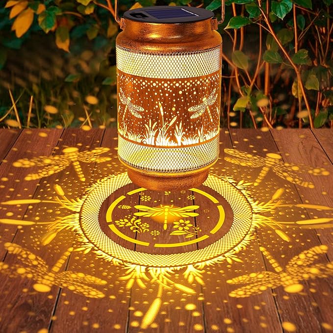 2 Pack Dragonfly Solar Lanterns Outdoor Waterproof Solar Garden Decor, Birthday Gifts for Christmas Women Mom Grandma, Metal Hanging Lights with Shepherd Hook for Outside Yard Patio Pathway Porch