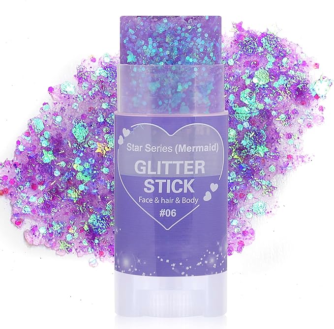 Purple Hair Glitter Stick,Halloween Body Face Glitter Makeup,Mermaid Costume Waterproof Singer Concert Outfits for Women,Mardi Gras Accessories Chunky Glitter Sequins Body Paint for Carnival