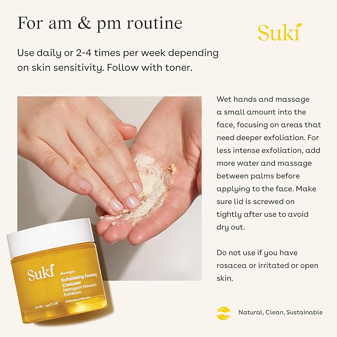 Suki Skincare Exfoliate Foaming Cleanser - With Natural Sugar & Colloidal Oat - Facial Exfoliator & Mechanical Exfoliant that Reduces Dry Skin Buildup While Promoting Radiant, Smooth, Soft Skin - 4 oz