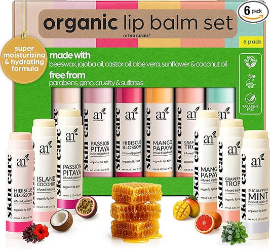 ArtNaturals Organic Beeswax Lip Balm Gift Set - Assorted Flavors with Aloe, Coconut & Jojoba Oils