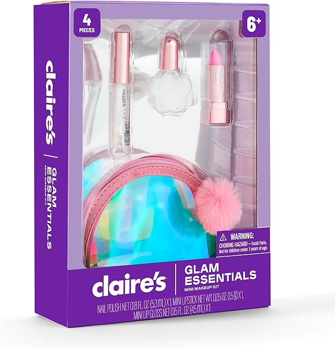 Claire's Glam Essentials Kids Makeup Kit, 4-Piece Real Cosmetic Set with Mini Pouch, Lip Gloss, Lipstick & Nail Polish, Pretend Play Make Up for Kids Ages 6+, Girl Toys & Beauty Activity Gift