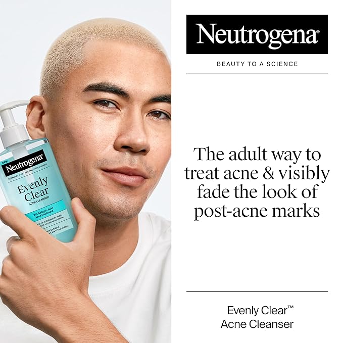 Neutrogena Evenly Clear Acne Cleanser with 2% Salicylic Acid & 2% PHA Exfoliant, Gentle Foaming Face Wash Clears Clogged Pores & Blackheads While Visibly Fading Look of Post-Acne Marks, 9.1 fl. oz