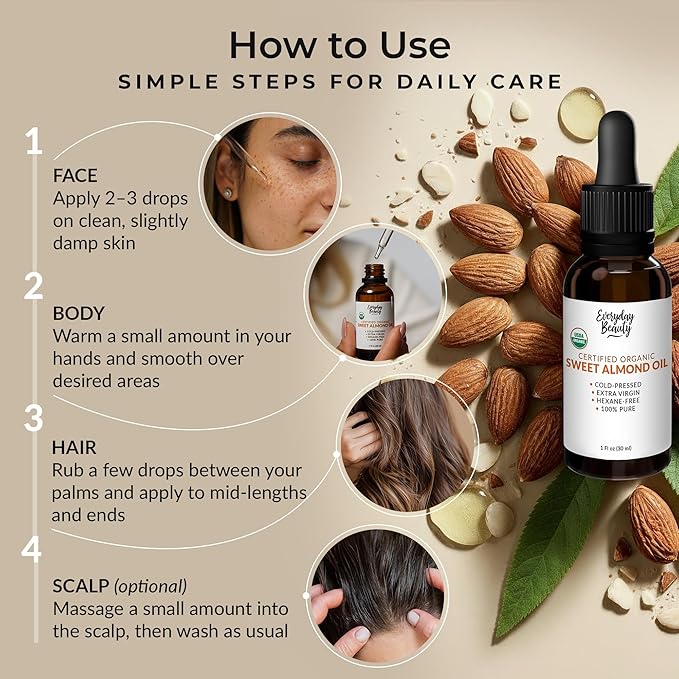 Organic Sweet Almond Oil | 100% Pure, Cold-Pressed, Unrefined | USDA Certified Organic | Amber Glass Bottle with Glass Dropper | For Face, Skin & Hair - 1 Fl Oz