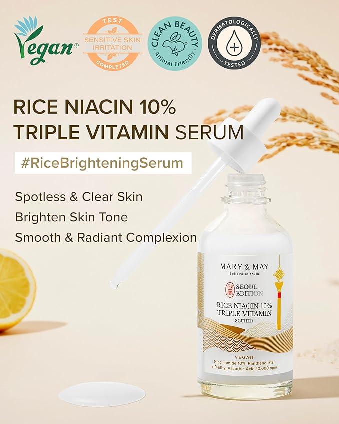 Mary&May SEOUL EDITION Rice Niacinamide 10% Triple Vitamin Serum - Korean Radiance Serum for Even Skin Tone and Healthy Glow - Niacinamide, and Vitamins - Fragrance-Free, Cruelty-Free, 2.7 fl.oz.