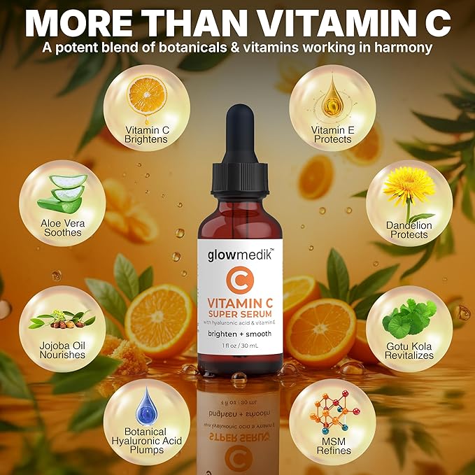 GlowMedik Vitamin C Serum for Face – Brighten + Smooth Vit C Serum Face with Hyaluronic Acid, Vitamin E & MSM, Hydrates & Firms Dull or Uneven Skin for a Radiant, Youthful-Looking Glow, 30ml