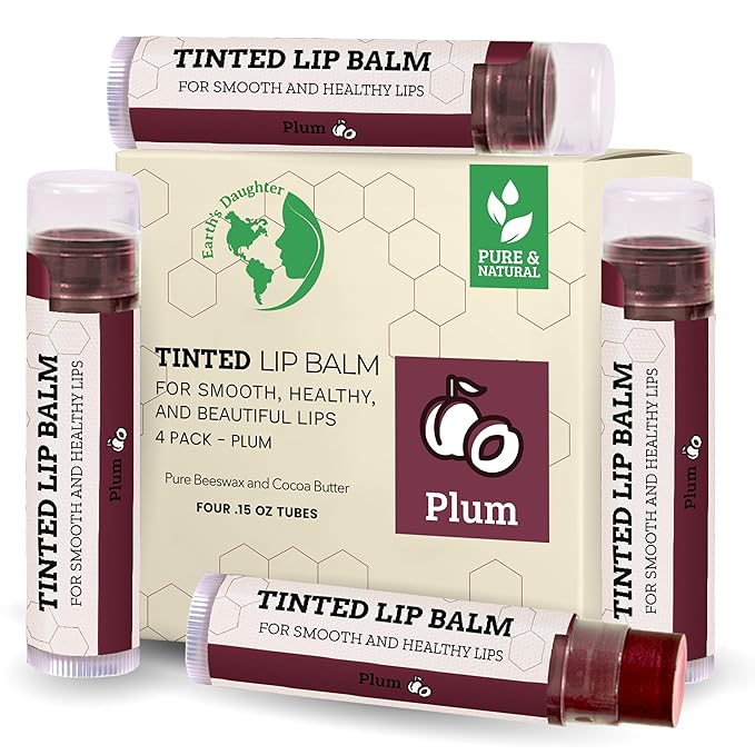 Earth's Daughter Tinted Lip Balm Stocking Stuffers 4 Pack of Plum Color - Beeswax, Coconut Oil, Cocoa Butter, Vitamin E -Moisturize and Beautify, Paraben Free