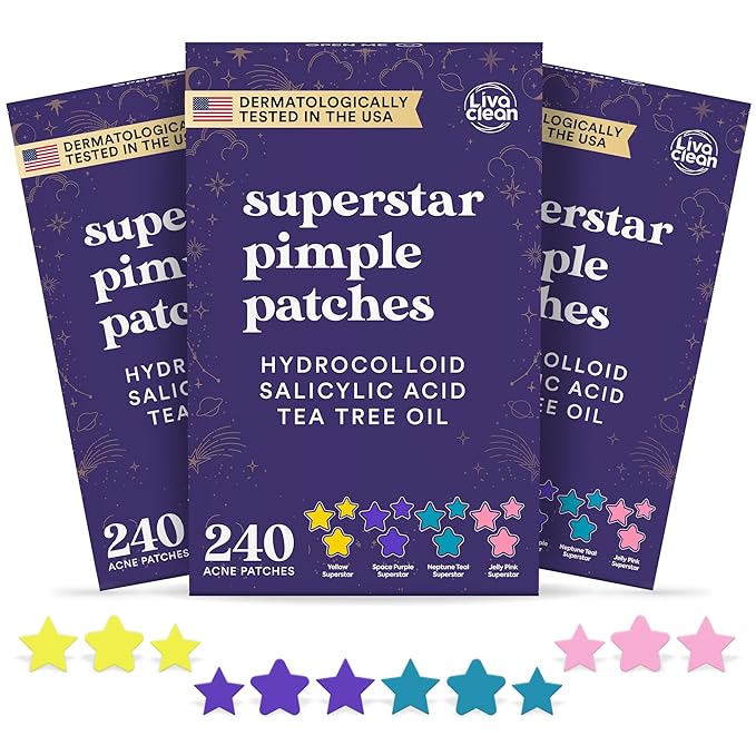 LivaClean 720 CT (3 Pack of 240) Superstar Pimple Patch for Face - Salicylic Acid & Tea Tree, Hydrocolloid Acne Patch, Pimple Patches Star Cute Zit Patches - 3 Sizes, 4 Colors