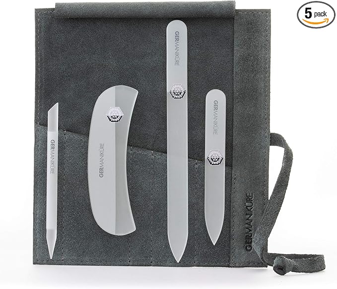 GERMANIKURE Gray Crystal Glass Nail File Set in Light Gray Suede Case – Handmade in Czech Republic – Professional Manicure & Pedicure Supplies – Glass Cuticle Stick, Pusher, Moon File