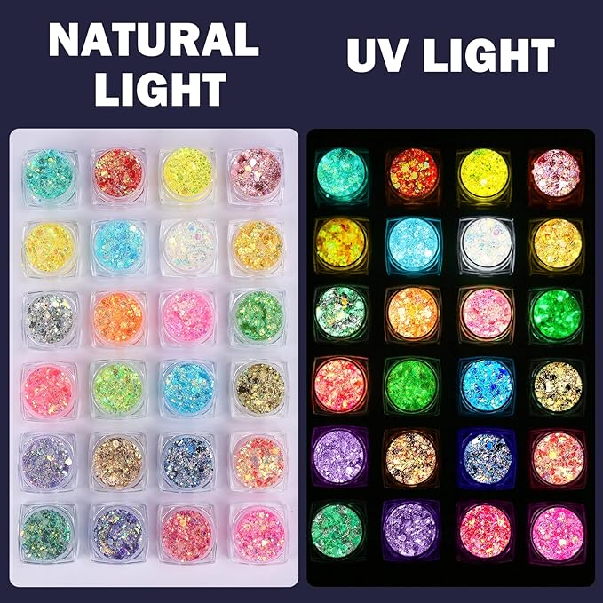 24 Colors Glitter UV Glow in The Dark Gel for Body Face Hair Eyeshadow,UV Black Light Makeup Glitter for Raves Festivals Carnival Party