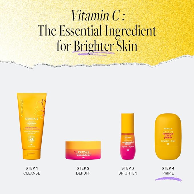 DERMA E Face Primer, Vitamin C Luminous 2-in-1 Brighten & Blur Primer, 1 Fl Oz, Stabilized Vitamin C, Hyaluronic Acid & Aloe Vera, Blurs Appearance of Pores, Wear Under Makeup for All Day Hold