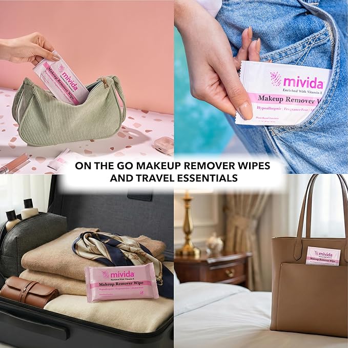 mivida 40 Count Hypoallergenic Makeup Remover Wipes Individually Wrapped With Vitamin E, Alcohol Free, Fragrance Free Make up Remover Wipes For Face, Gentle for Sensitive Skin, Plant-Based