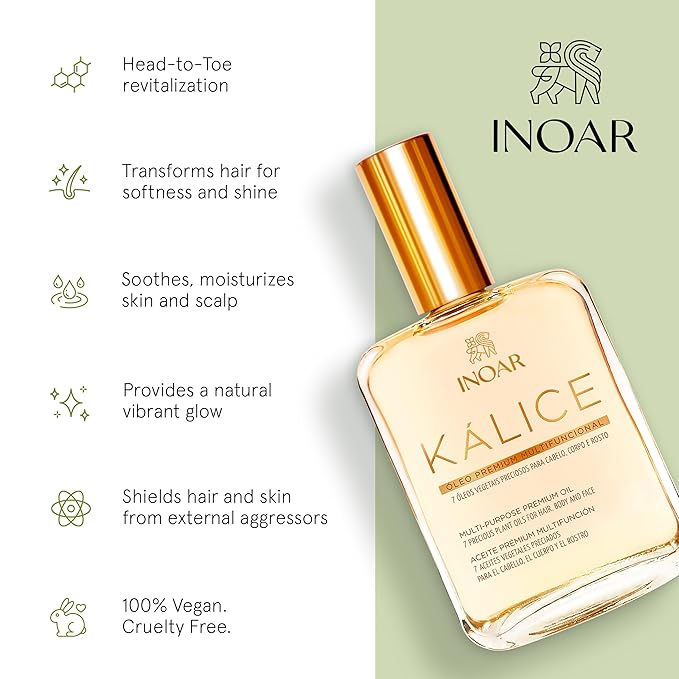INOAR Kalice Óleo Essential Oil Blend Multi-Purpose Moisturizing & Regenerating Serum for Hair, Face & Body, 3.4 fl oz