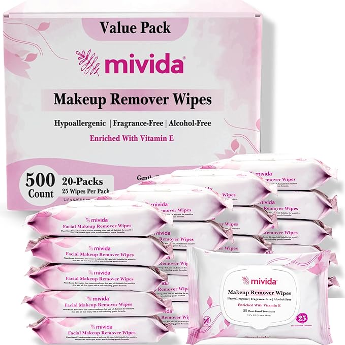 mivida Hypoallergenic Makeup Remover Wipes Bulk with Vitamin E, 500 count (20×25) Value box, Alcohol Free, Fragrance Free Makeup Wipes for Sensitive Skin, Travel Size Plant Based Facial Towelettes